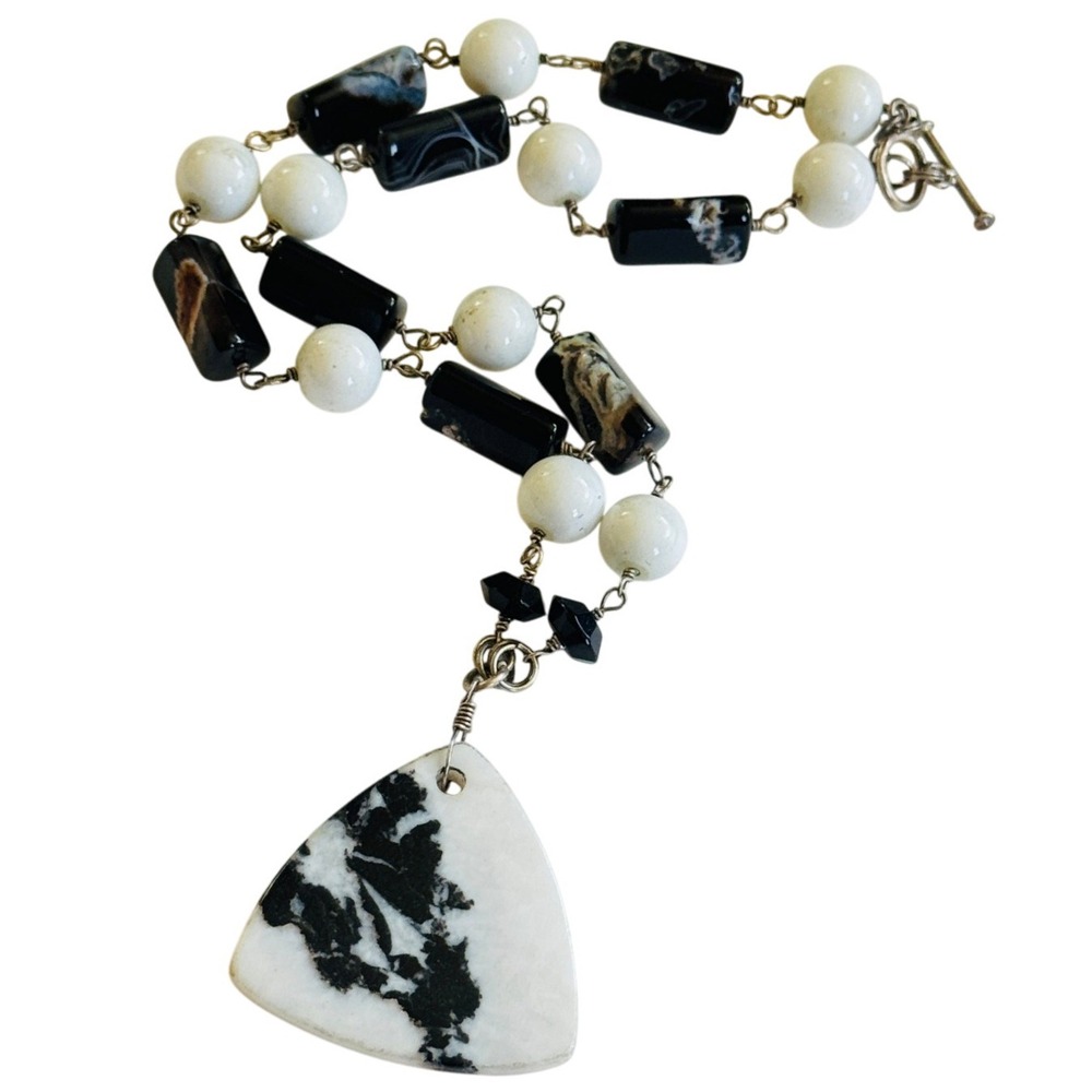 Zebra Jasper Beaded stone NECKLACE Vtg Quartz Natural Sterling Silver 925 20"